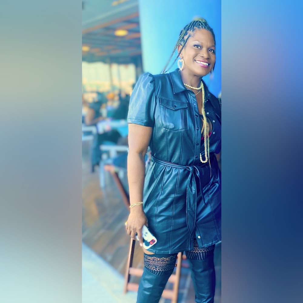 Guess black leather belted above knee length dress